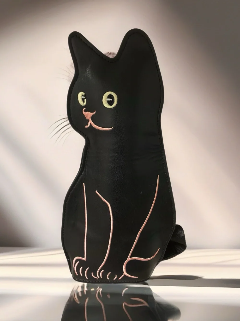 Black Cat-Shaped Bag with Pink Stitching